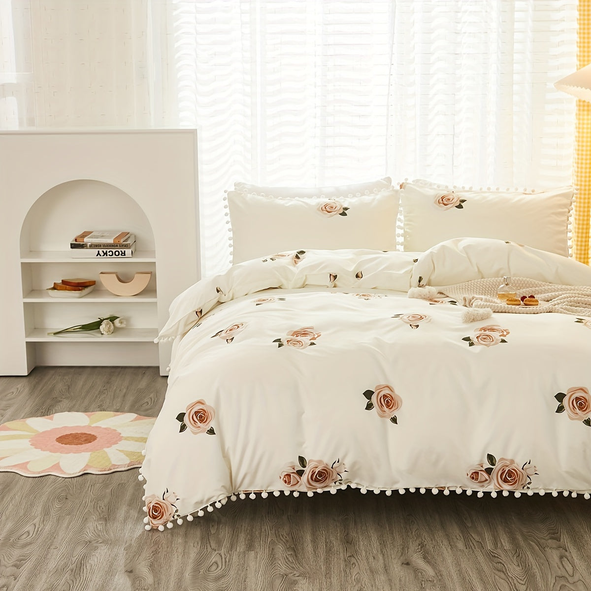 Set of 3 Pastoral Flower Print Duvet Cover Set with Pompom Details Soft Cozy Bedding for Bedroom or Guest Room