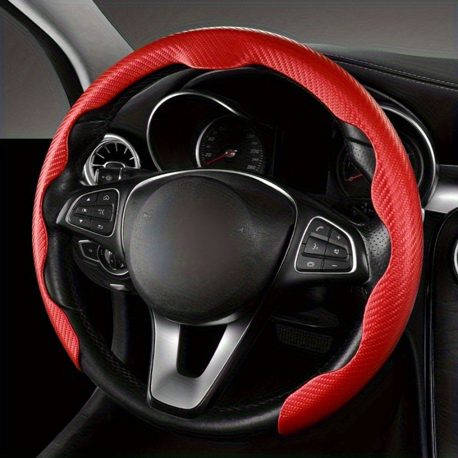 Universal Red Carbon Fiber Pattern Car Steering Wheel Cover 36-38cm Breathable Non-Slip