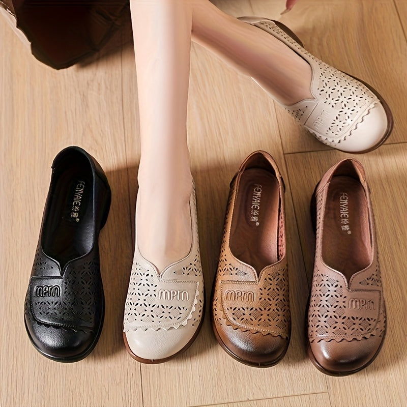 Women's PU Hollow-Out Flat Shoes Casual Slip-On Loafers Breathable Flats