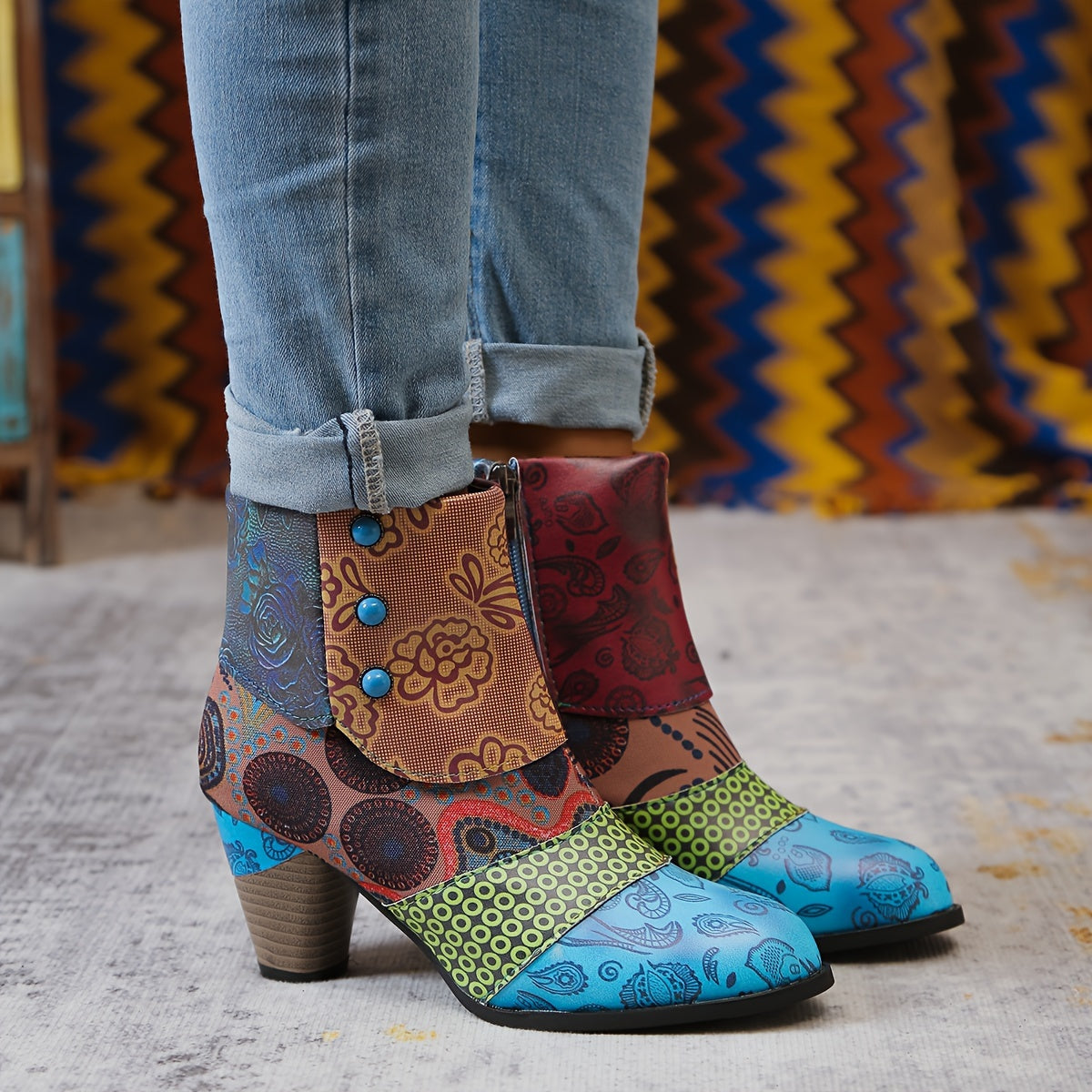 Women Bohemian Ankle Boots Fabric Insole Block Heel with Floral Patterns