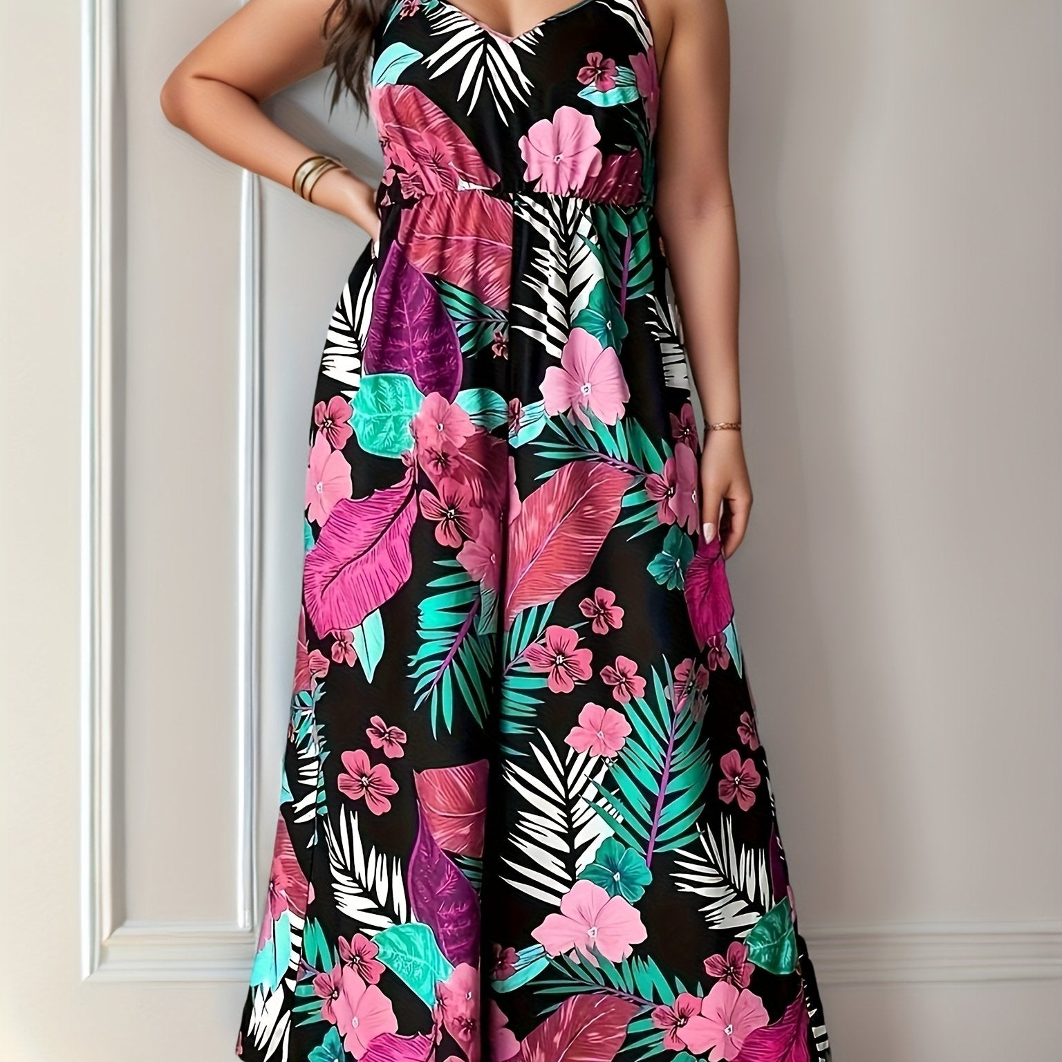 Plus Size Women's Tropical Print Backless Cami Jumpsuit Vacation Style