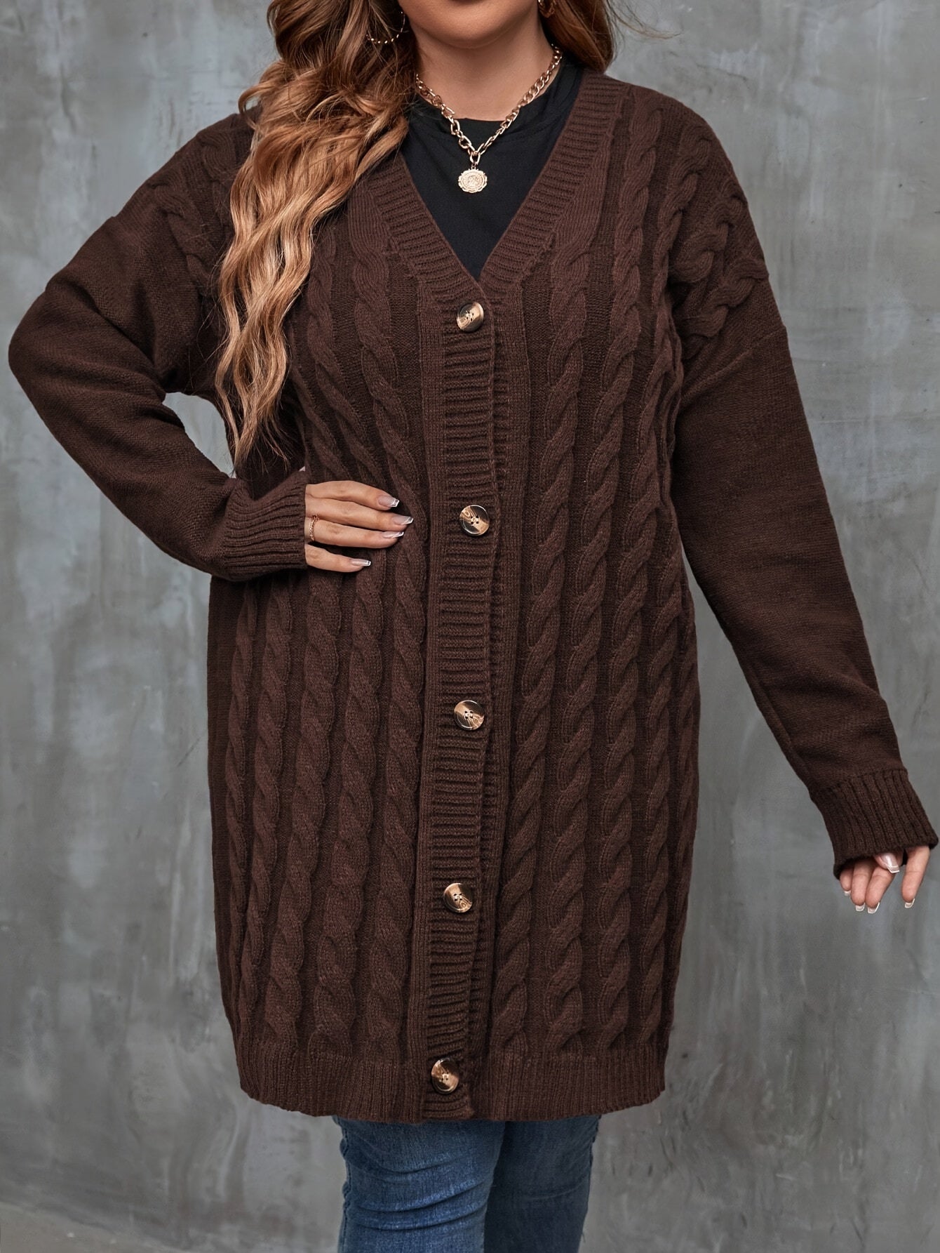 Plus Size Elegant Knit Polyester Cardigan for Fall Winter