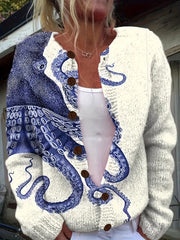Women's 3D Printed Octopus Cardigan Blue Color Block Casual Sweater