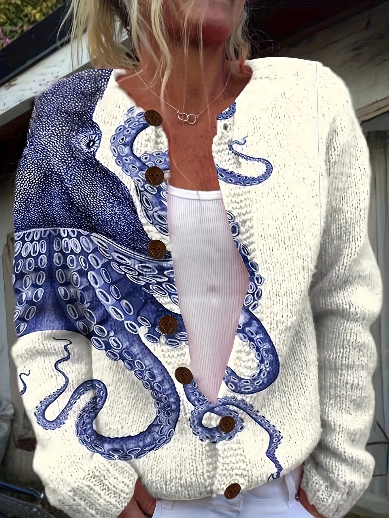 Women's 3D Printed Octopus Cardigan Blue Color Block Casual Sweater