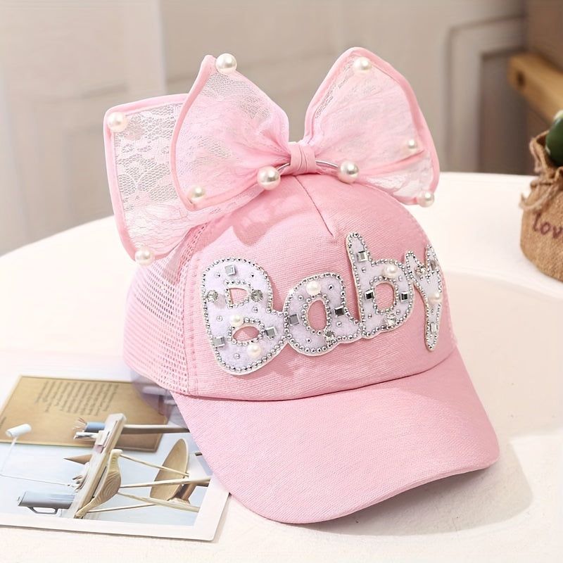 Kids Sun Hat with Letter Cartoon Ribbon Bow Breathable Fitted Sun Protection for Ages 3-14