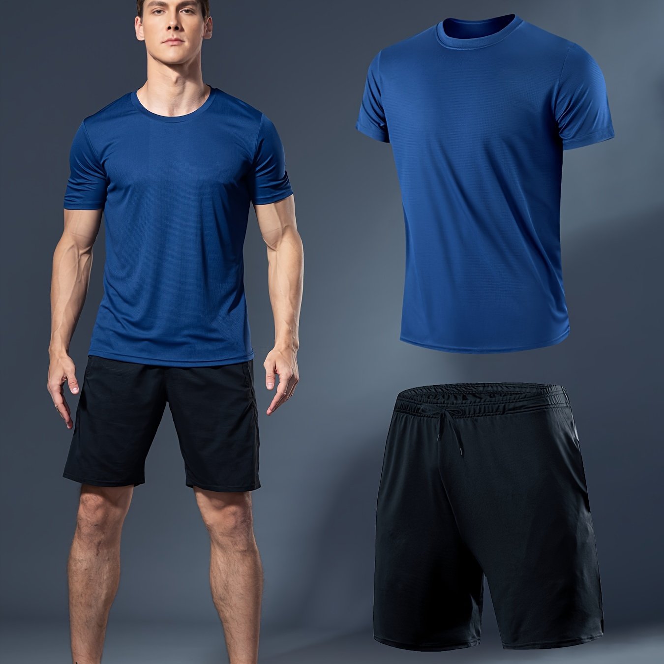 Men's Summer Fitness Set White T-Shirt Black Shorts Lightweight Quick-Dry Breathable Polyester Sportswear