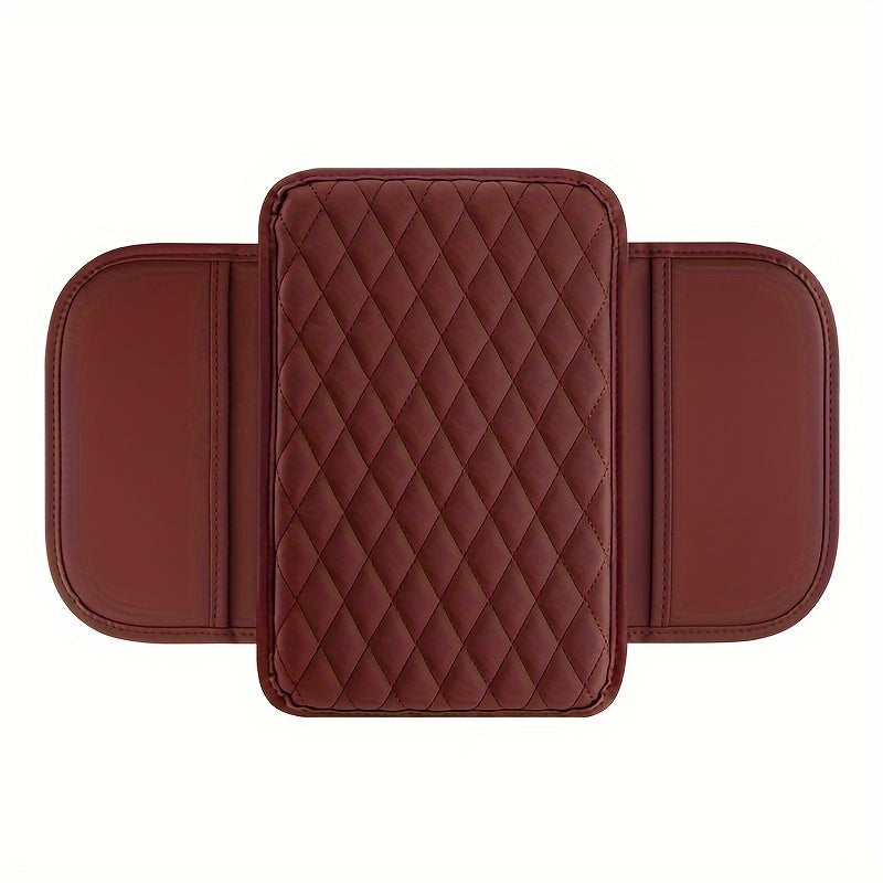 Red PU Leather Car Armrest Pad with Quilted Design and Storage Pocket