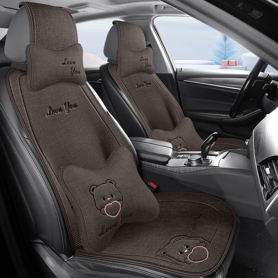 Summer Car Seat Cushion Linen Woven Breathable Set with Headrest and Support