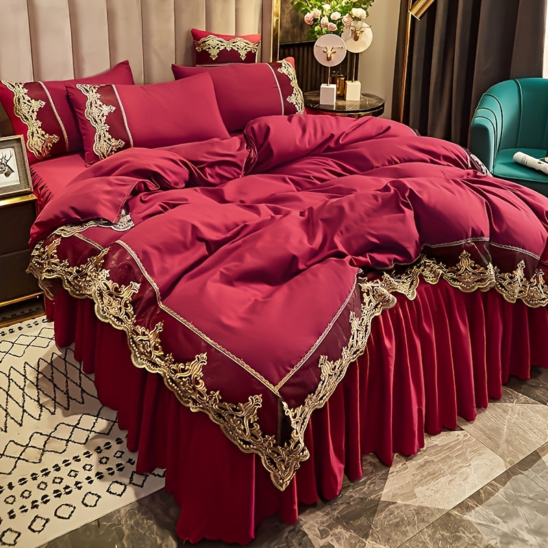 Luxury Red Lace Duvet Cover Set with Pillowcases for Bedroom or Guest Room