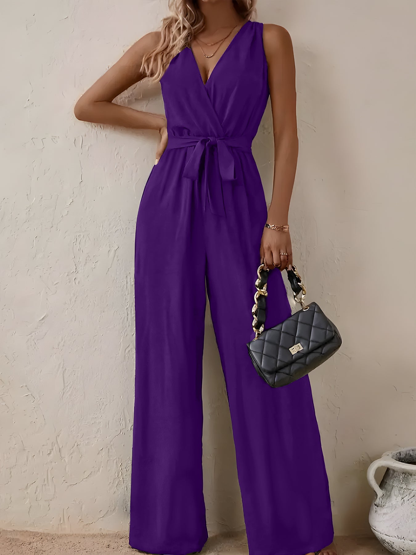 Plus Size Women's Blue V-Neck Jumpsuit Tie Waist Wide Leg Casual Holiday