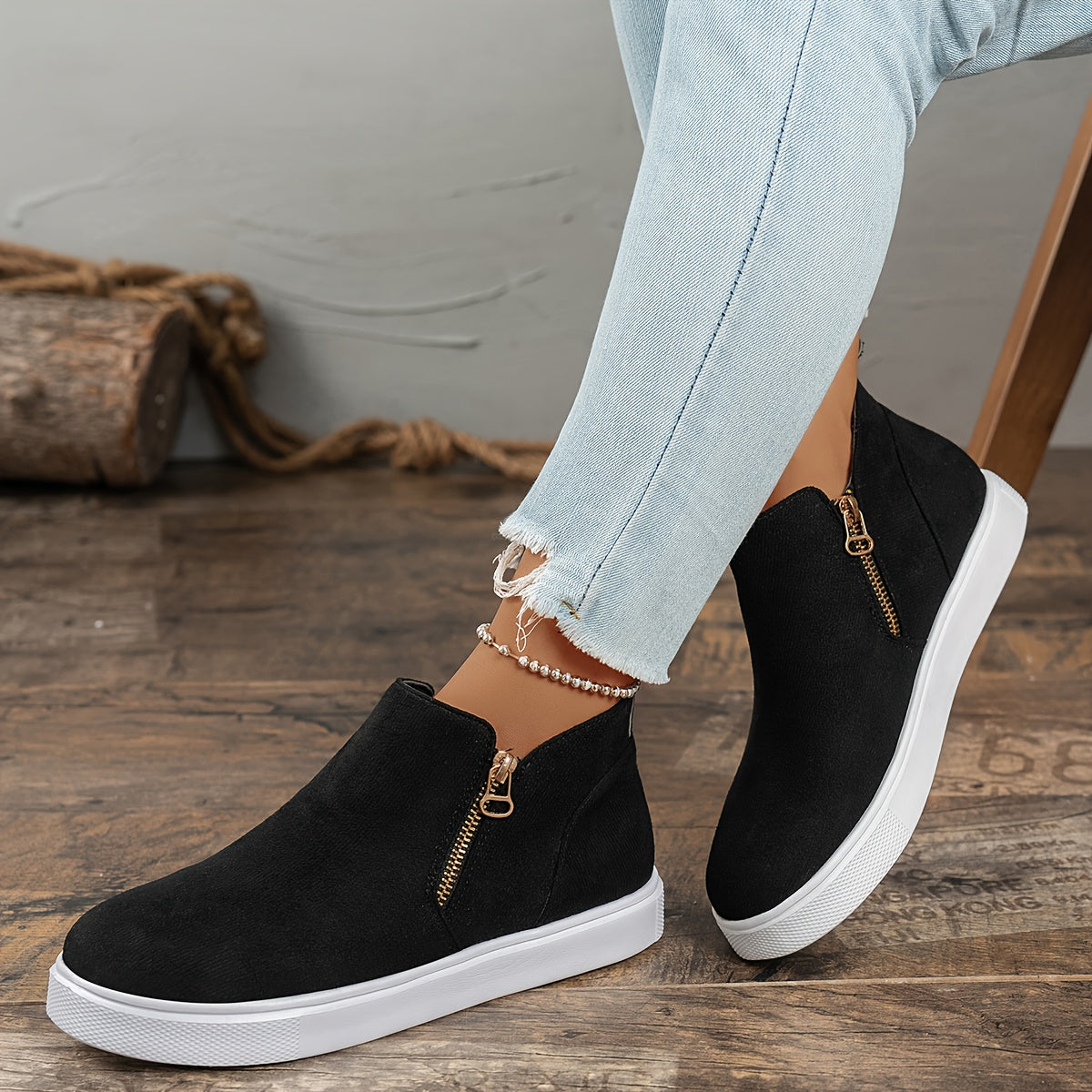 Women's Ankle Boots Retro Solid Color Flat Boots with Side Zipper