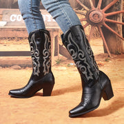 Women's Chunky Heel Mid Calf Boots Leather Point Toe Slip-On Comfortable