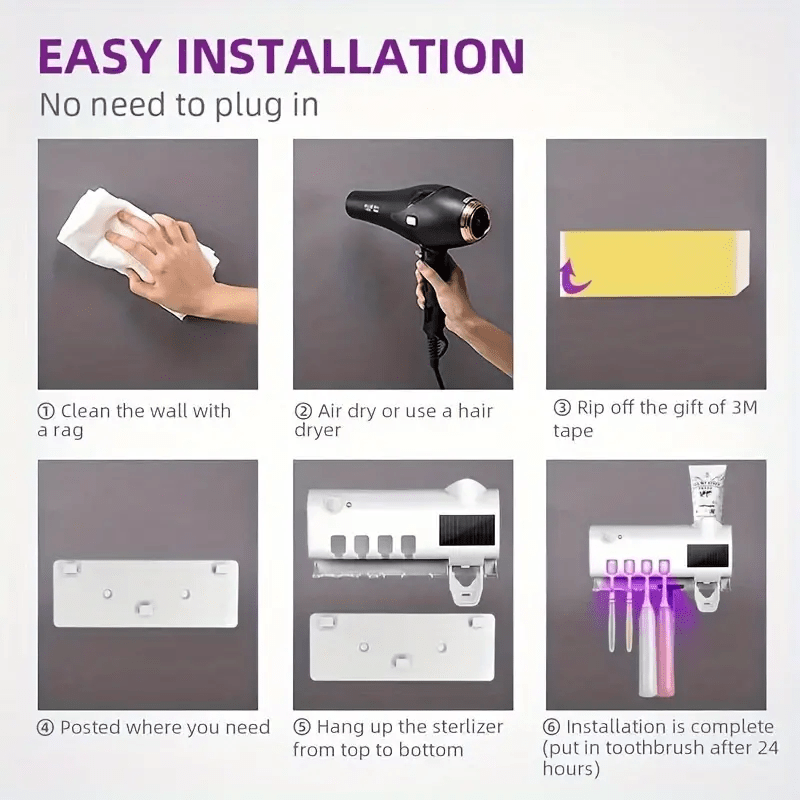 Wall-Mounted Toothbrush Holder with 4 Slots and Smart Toothpaste Dispenser USB Rechargeable No Drilling