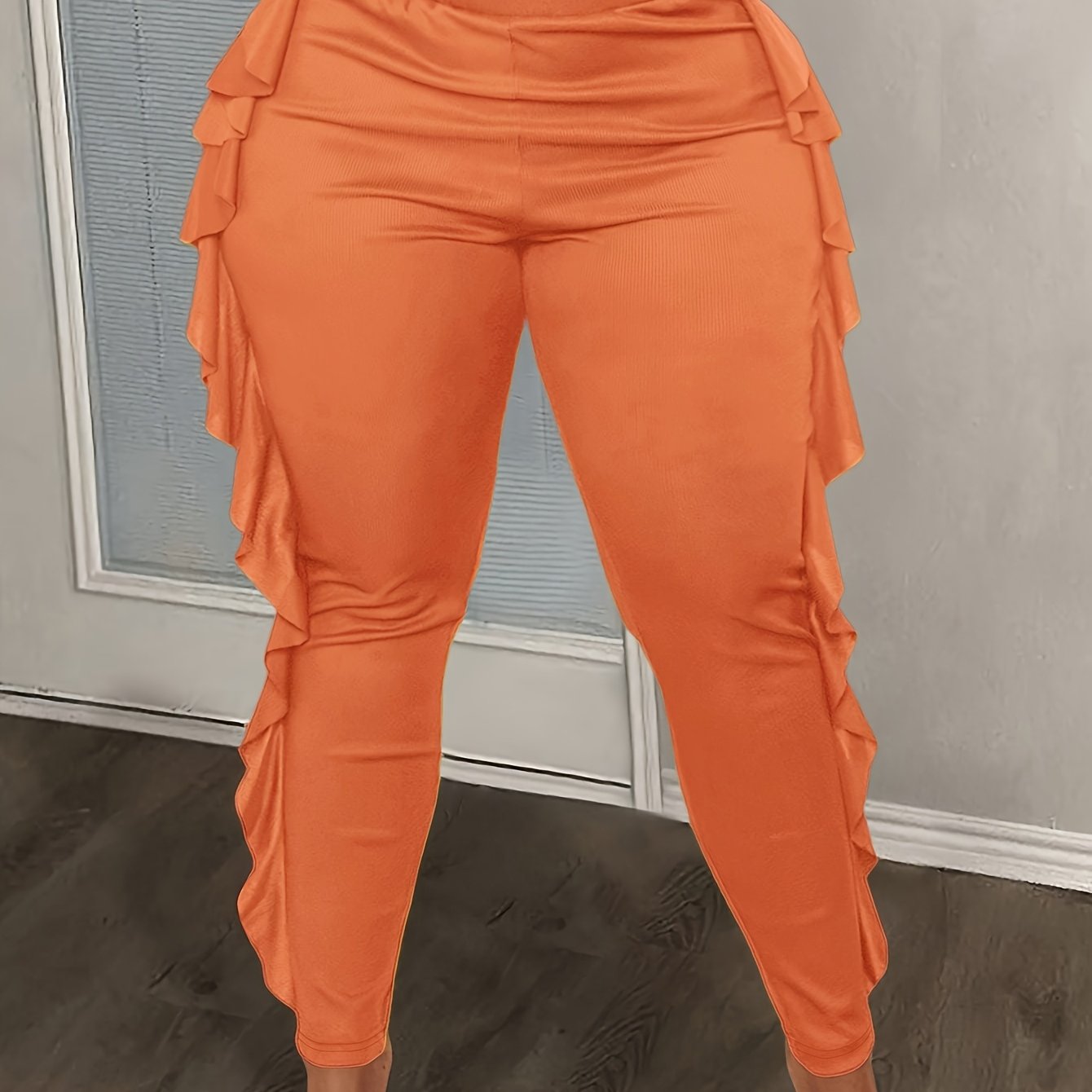 Women’s Knitted Slim Fit Trousers With Side Slit and Ruffles Plus Size