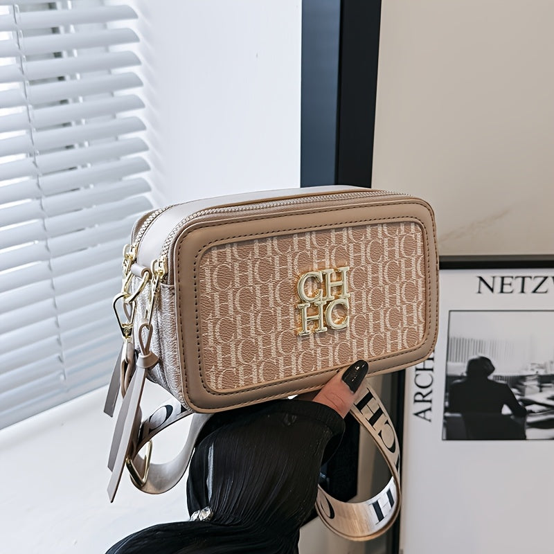 Korean Style Crossbody Bag with Contrast PU Shoulder Strap and Letter Print