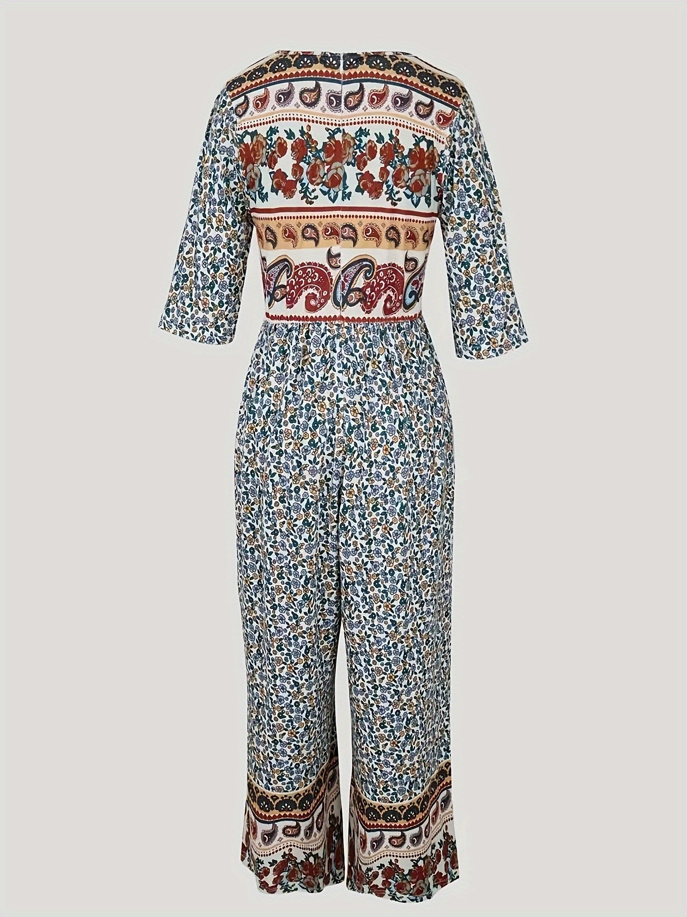 Women's Bohemian Knit V-Neck Jumpsuit with Pockets Wide Leg Romper