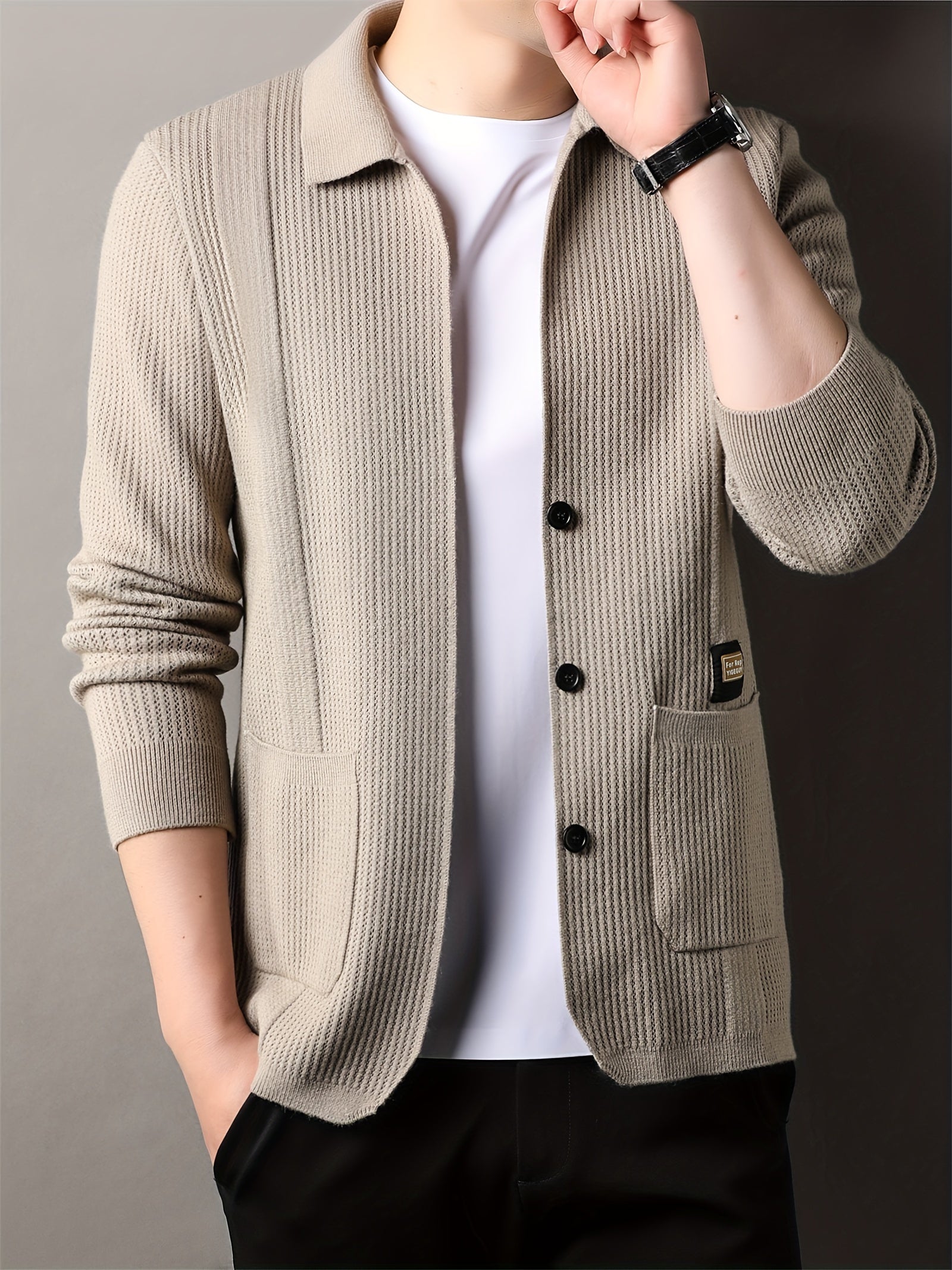 Men's V-Neck Cardigan Fall Winter Solid Color Knit with Pockets