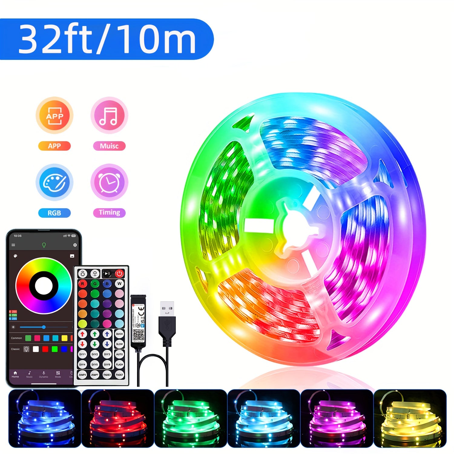 91.44cm-30.48m LED Strip Lights with Music Sync Remote App Control Dimmable Decoration