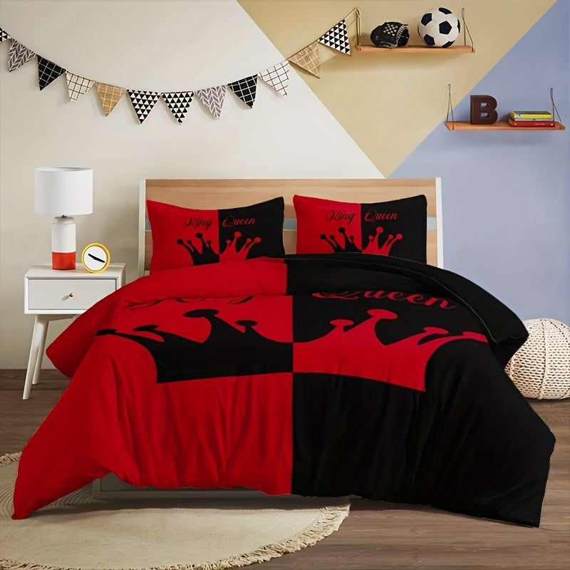 Black and Red Crown Pattern Bedding Set 3 Pieces Duvet Cover and Pillowcases