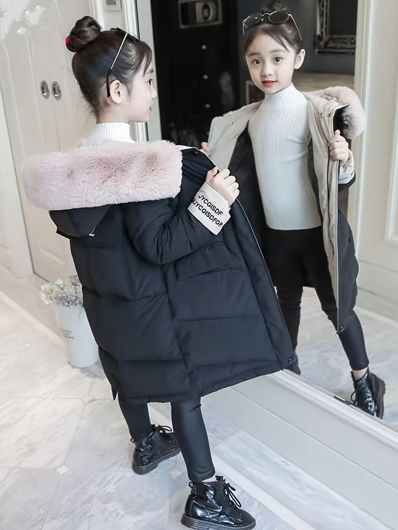 Girls Winter Puffer Coat with Faux Fur Hood Embroidered Alphabet Skinny Fit