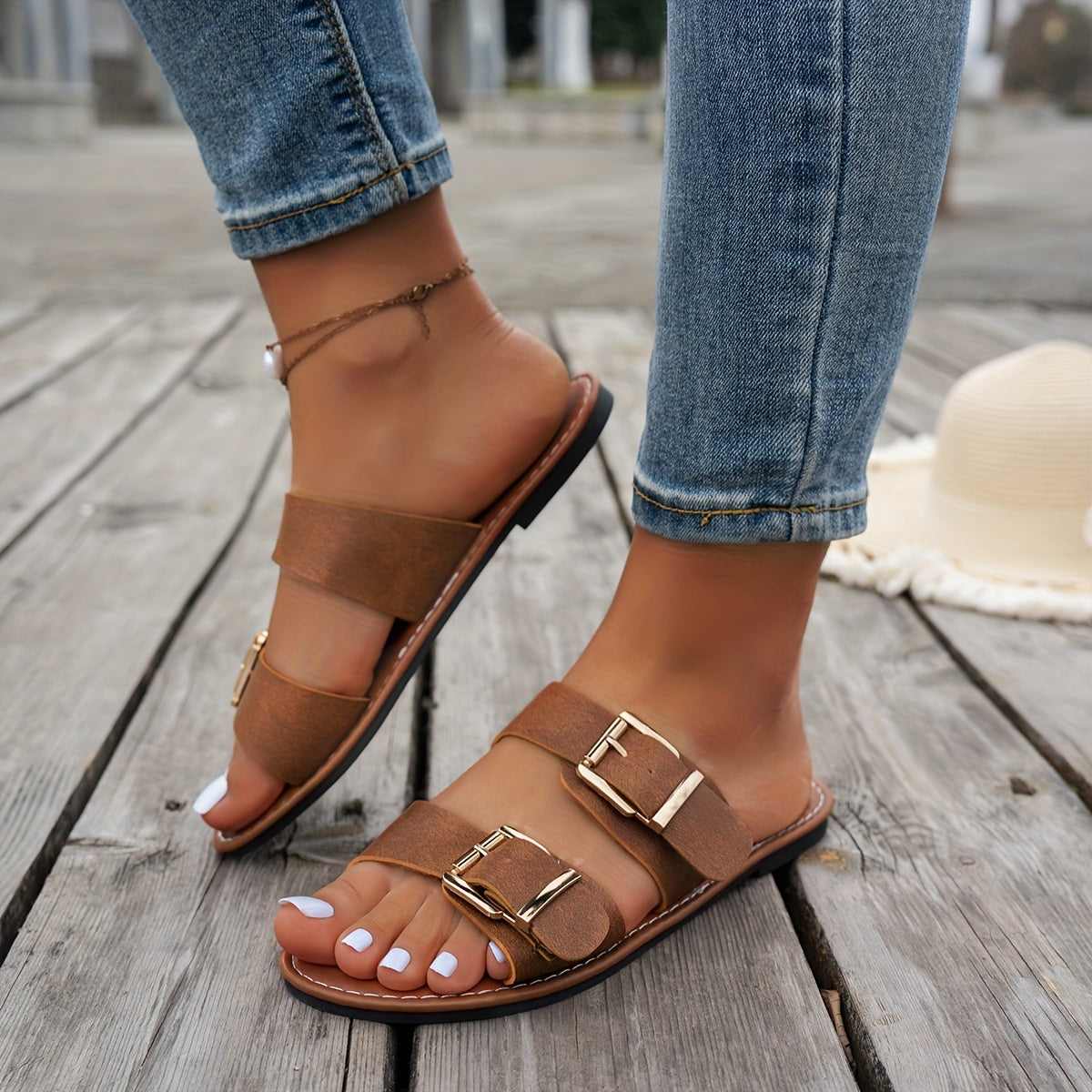 Women's Flat Slide Sandals PU Cover Open Toe Summer Beach Shoes