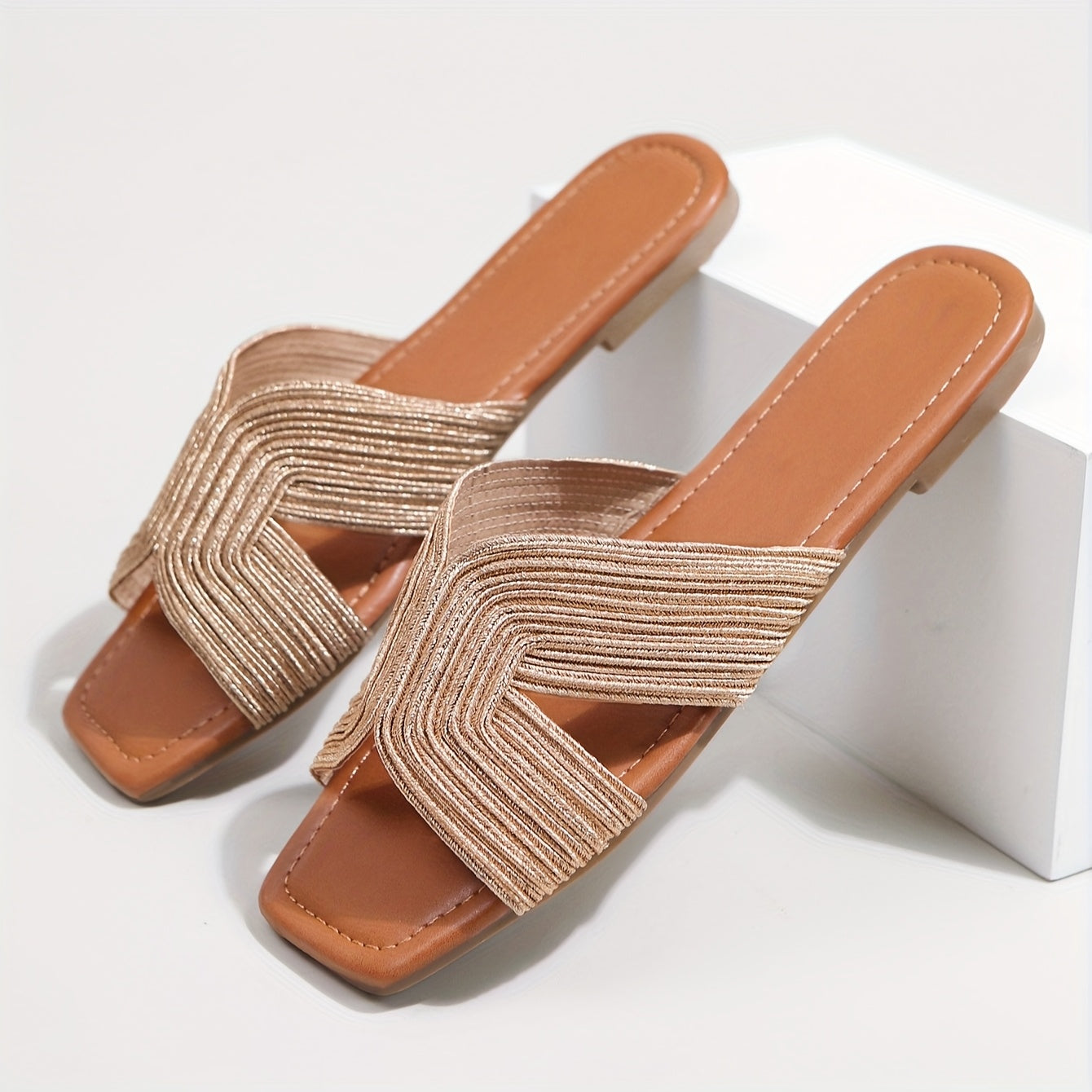 Women Solid Color Strappy Flat Sandals Slip-On Open Toe Beach Slides