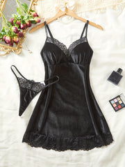 Women's Velour Lace Detail Sleepwear Set Solid Color Polyester Elastane