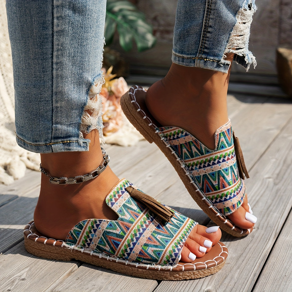 Women's Bohemian Fringe Sandals Colorful Striped Open Toe Beach Shoes