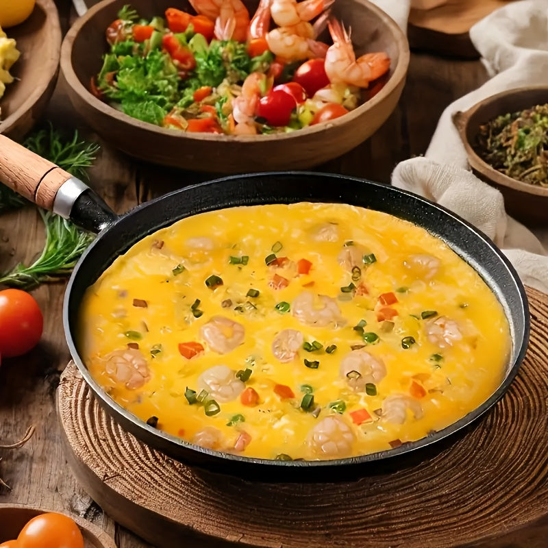 Cast Iron Non-Stick Frying Pan with Wooden Handle and Omelette Roll Maker