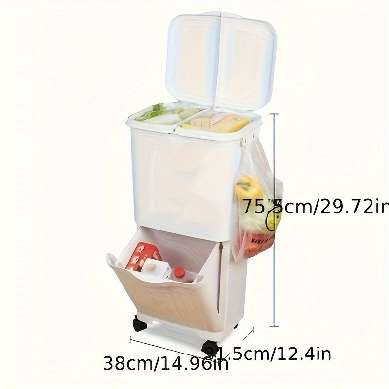 Просторная мусорная корзина с двумя отделениями и крышкой - устойчива к запахам, легко переносимая для сортировки отходов на кухне и в доме, переработки, разделения сухих и влажных отходов и хранения.