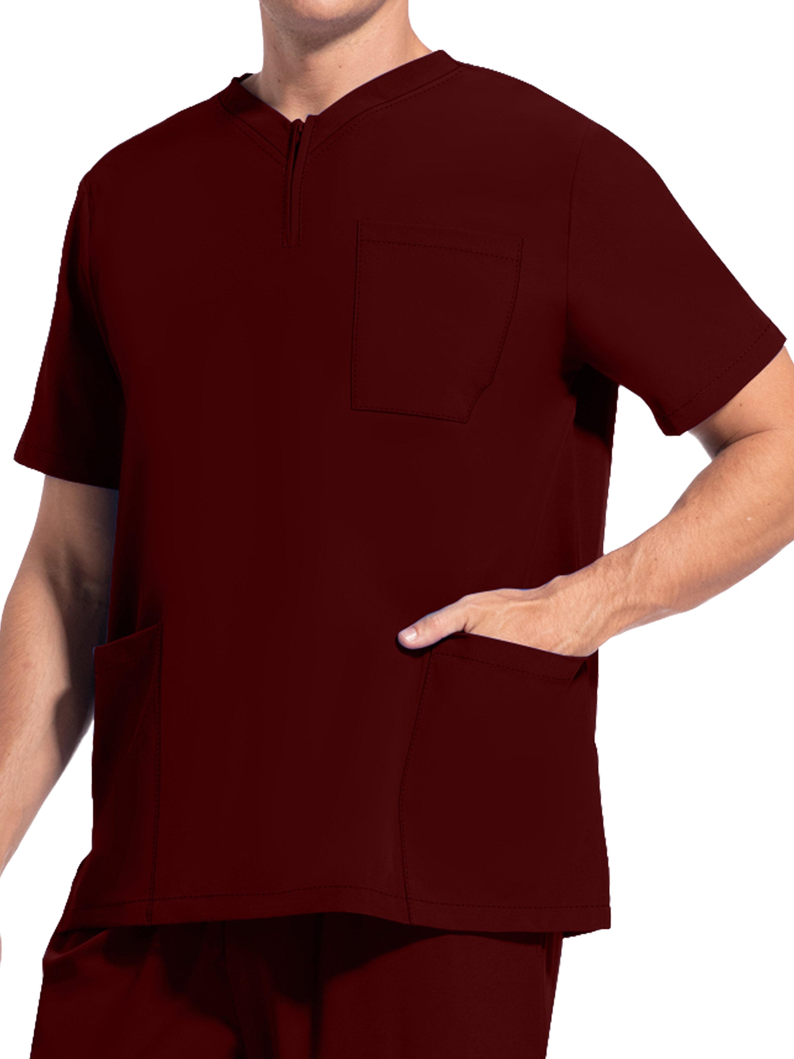 Men's Short Sleeve Stretch Work Uniform Lab Shirt with Pockets V-Neck Polyester