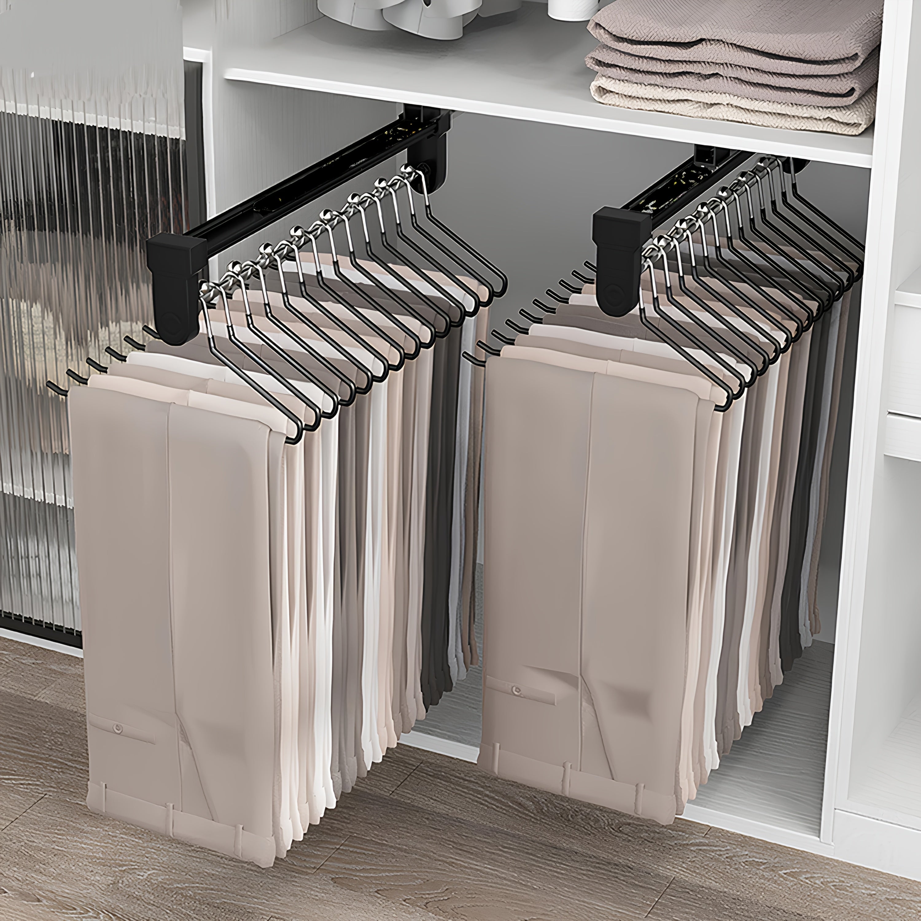 Metal Closet Organizer with Sliding Pants Rack Extendable Storage Drying Rack Hanging Rod Steel Ball Divider Space-Saving