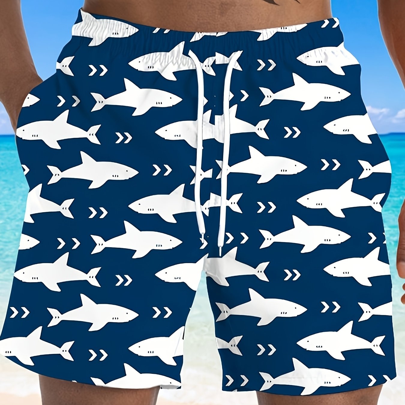 Men's Quick-Dry Ocean Style Swim Shorts with Shark Print Plus Size