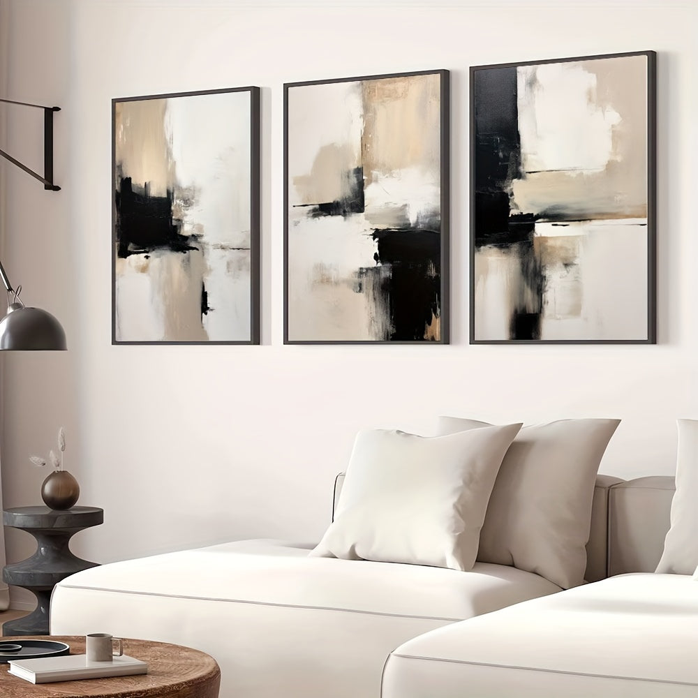 Set of 3 Modern Abstract Canvas Wall Art Prints Black Beige Minimalist Home Decor for Living Room Bedroom Office
