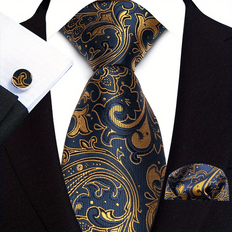 Men's Gold Paisley Three-Piece Suit Set with Tie and Pocket Square