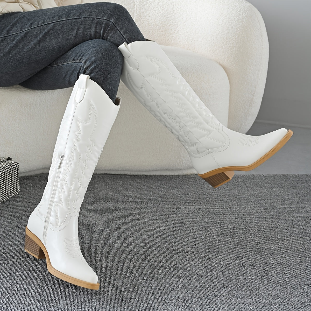 Women's Oversized Pointed Toe Chunky Heel Knee-High Western Cowboy Boots Side Zipper