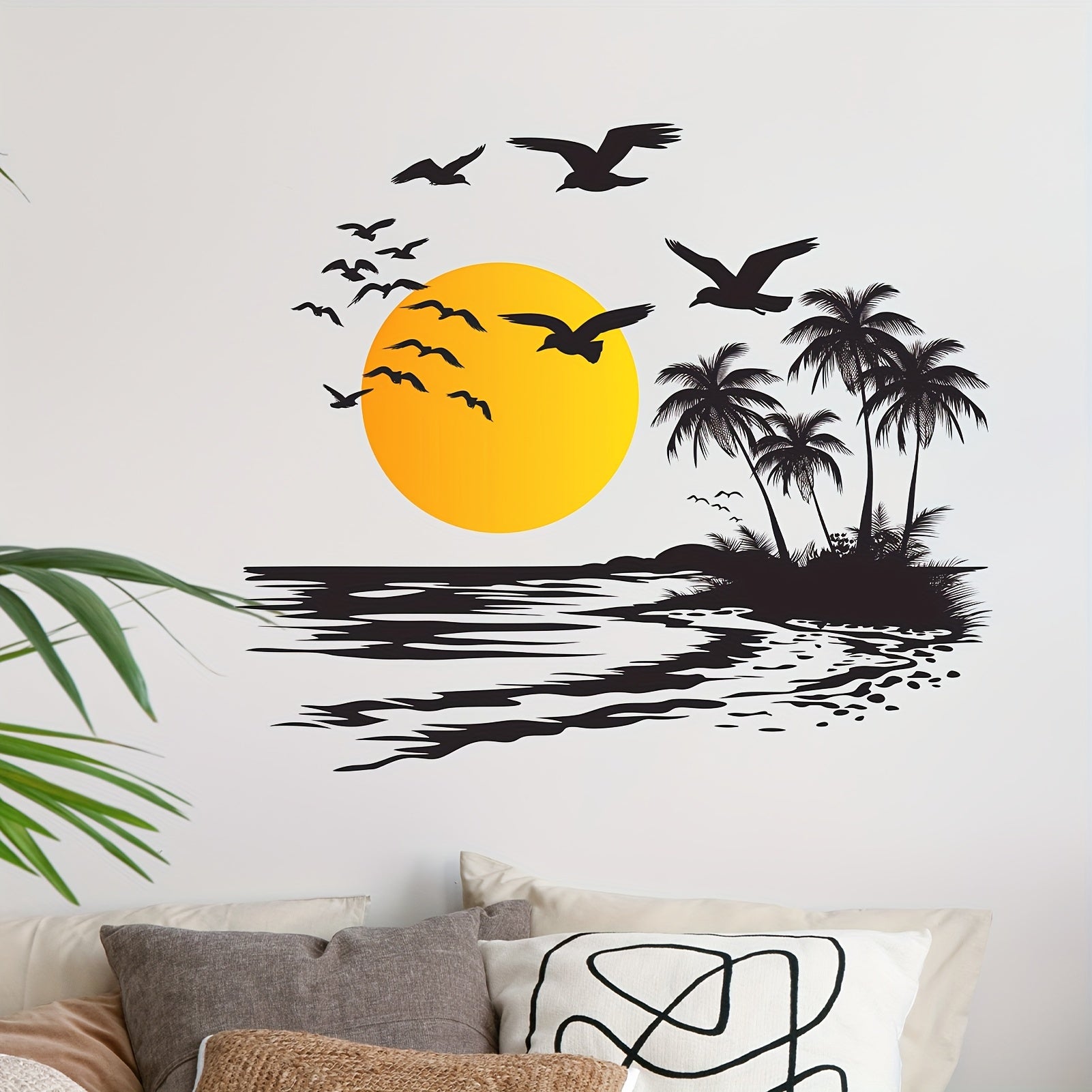 Removable Vinyl Wall Decal Tropical Sunset Scene with Palm Trees and Birds for Living Room Bedroom