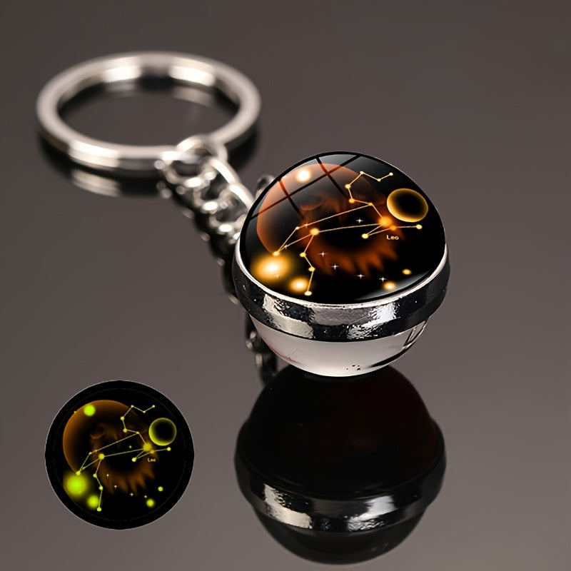 Starry Night Zodiac Keychain Double-Sided Glass Ball Glow-in-Dark Car Accessory