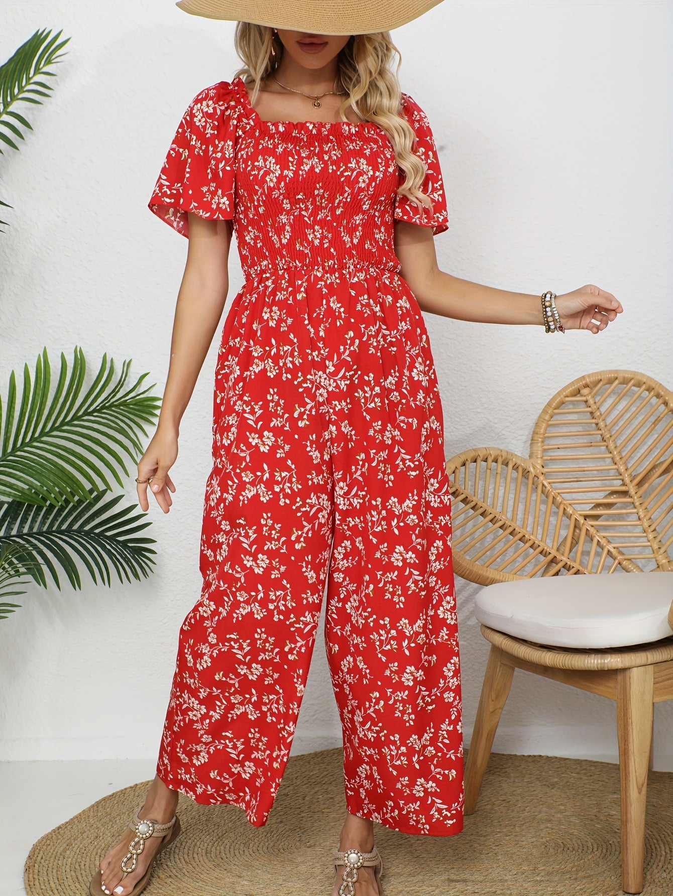 Women's Plus Size Floral Print Shirred Short Sleeve Wide Leg Jumpsuit