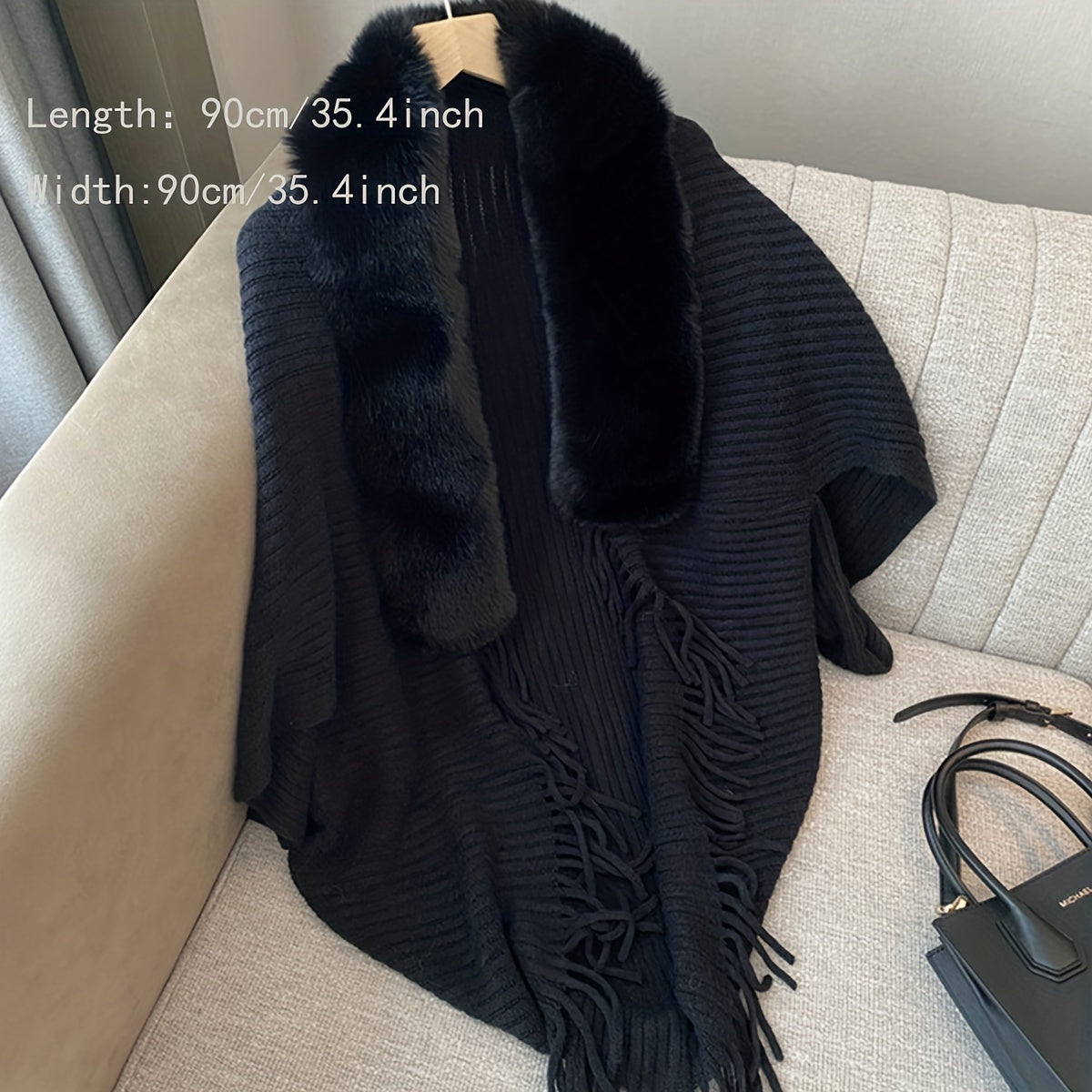 Winter Shawl with Faux Fur Collar Solid Color Loose Fit Knit Wrap Coat