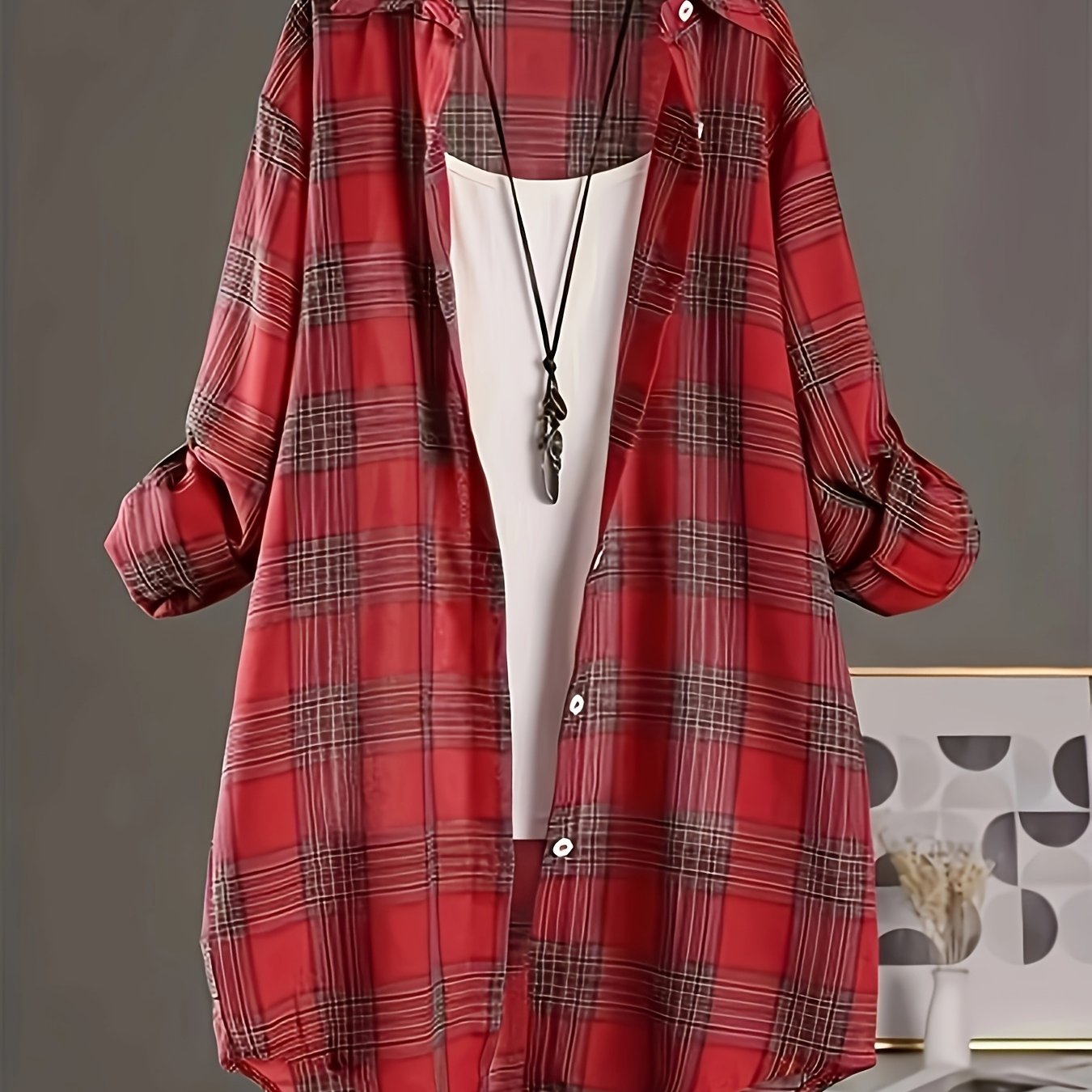 Plus Size Women's Plaid Shirt with Lapel Collar Long Sleeves Dipped Hem Spring Casual