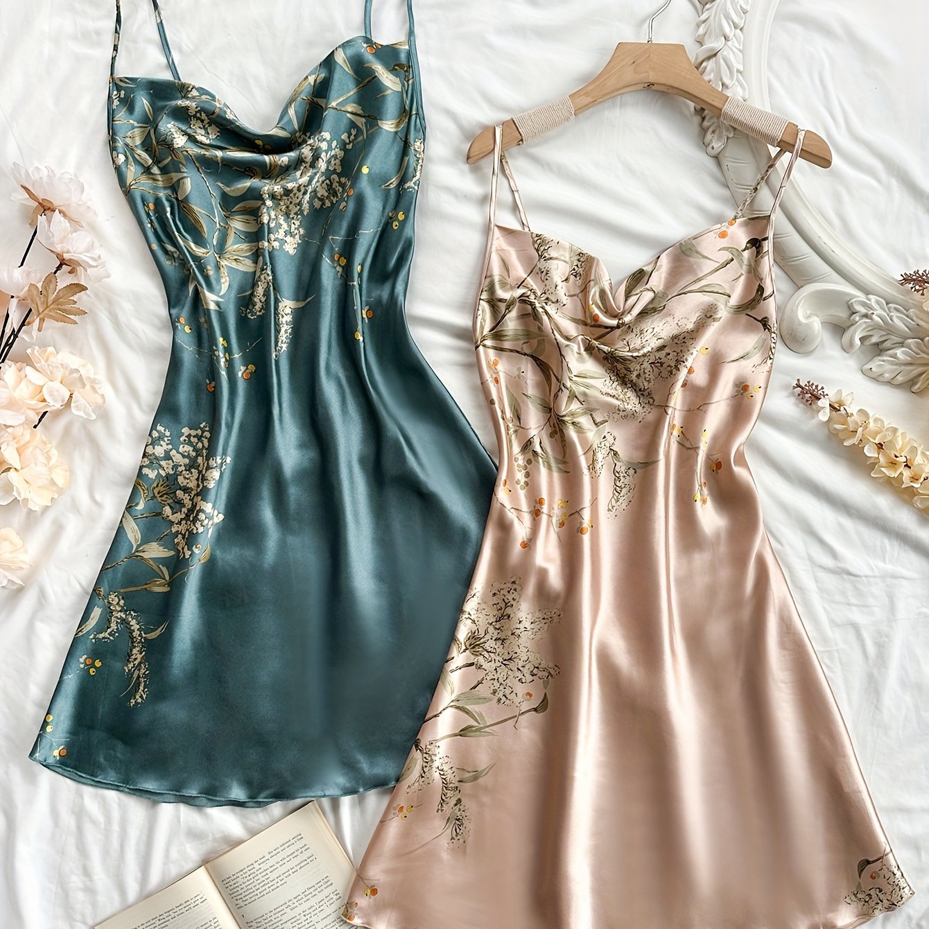 2 Ta'ffusli Printli Saten Uxlash Liboslari Ayollar Uchun, Orqa Qismida Turtlenek Slip, Qulay Tunika