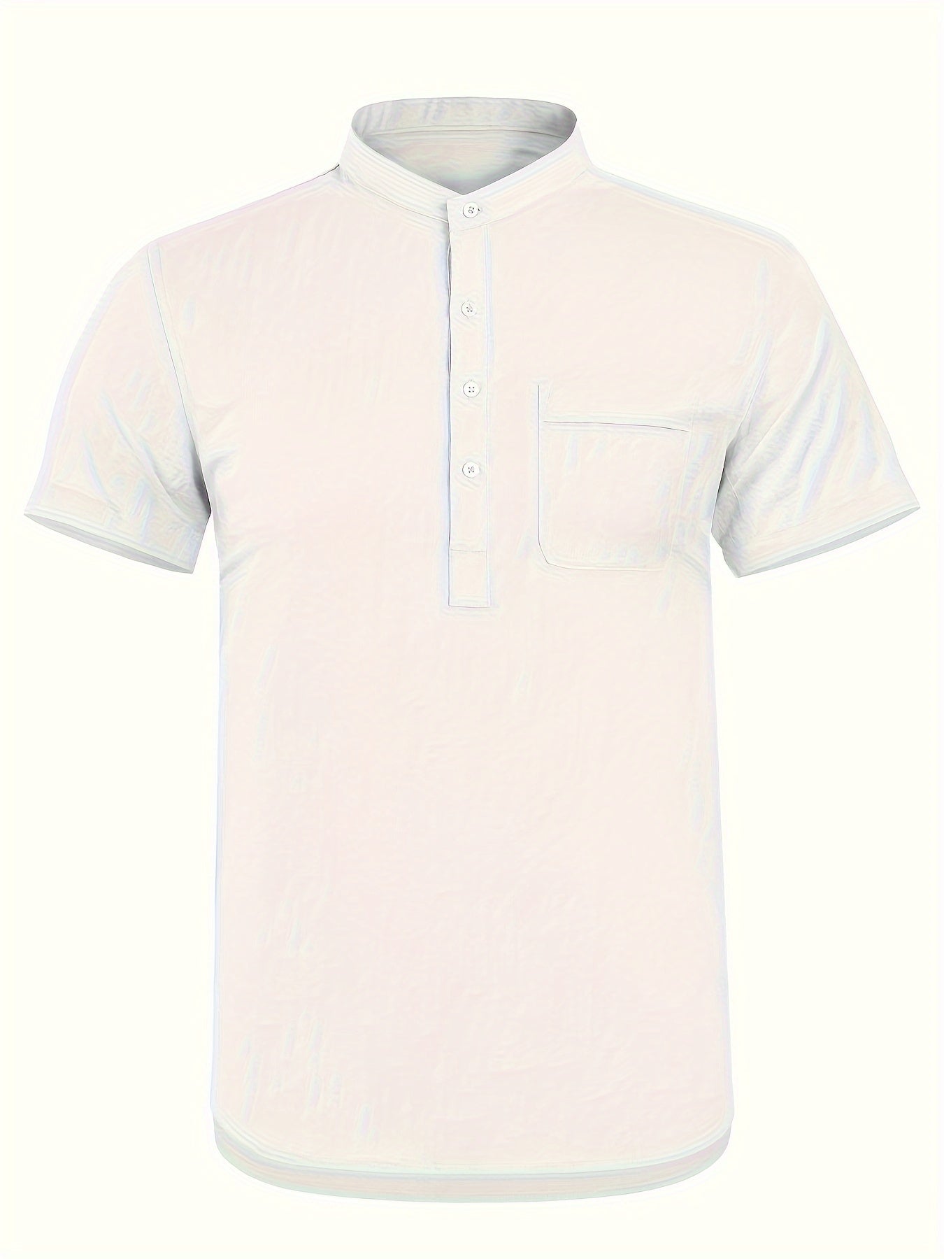 Men's Cotton Short Sleeve Shirt with Stand Collar and Pocket for Summer Beach Vacation