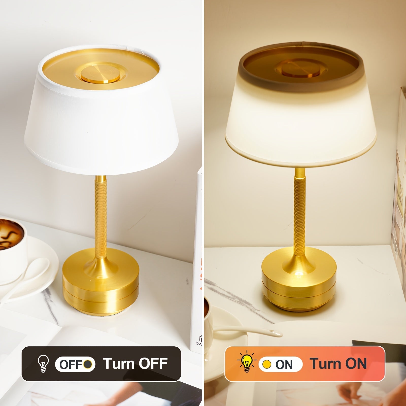 Rechargeable Metal Table Lamp with Touch Control, 3 Color Temperatures, Stepless Dimming, Removable Shade