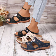 Women's Floral Embroidered Slip-On Sandals Open-Toe Summer Shoes with Rubber Sole