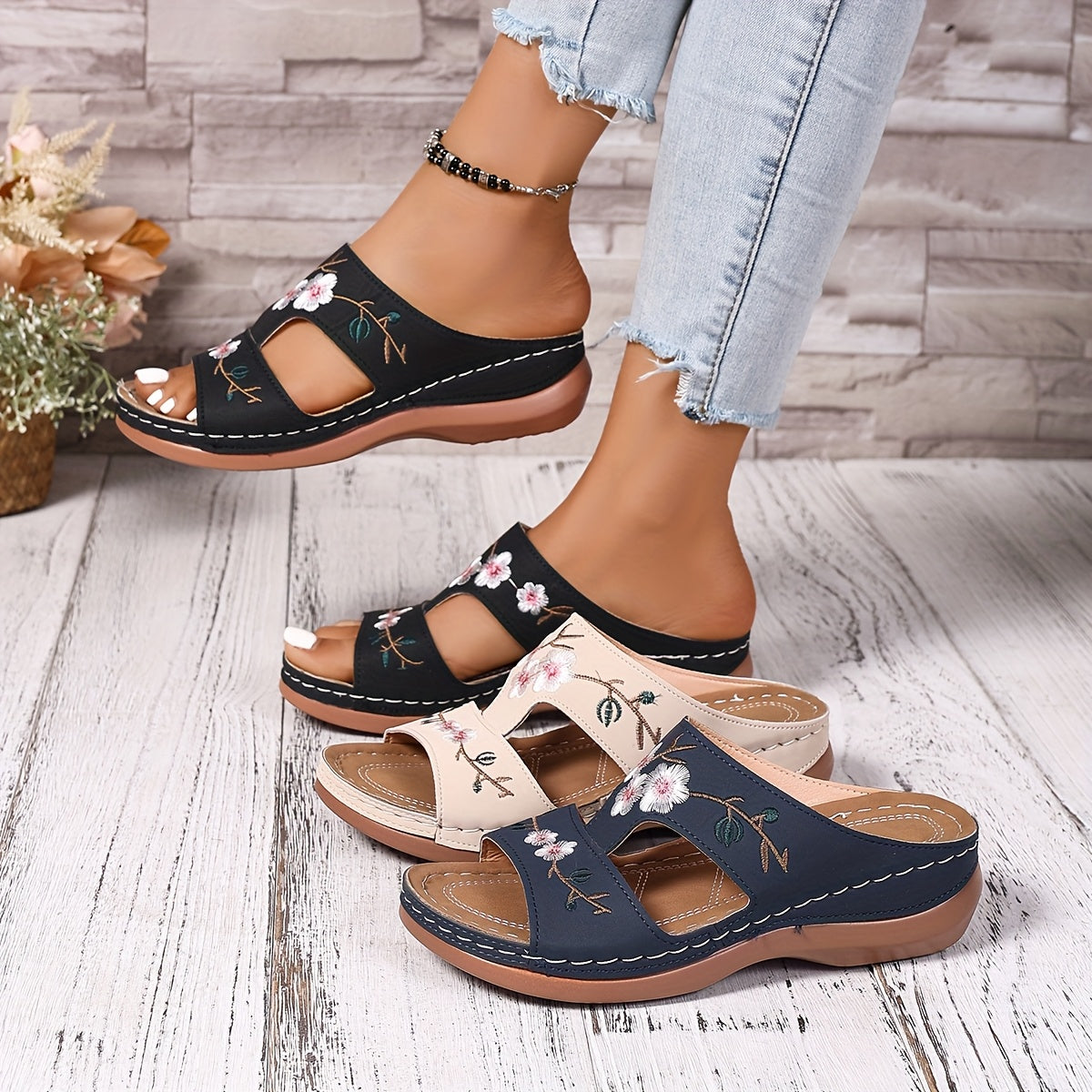 Women's Floral Embroidered Slip-On Sandals Open-Toe Summer Shoes with Rubber Sole
