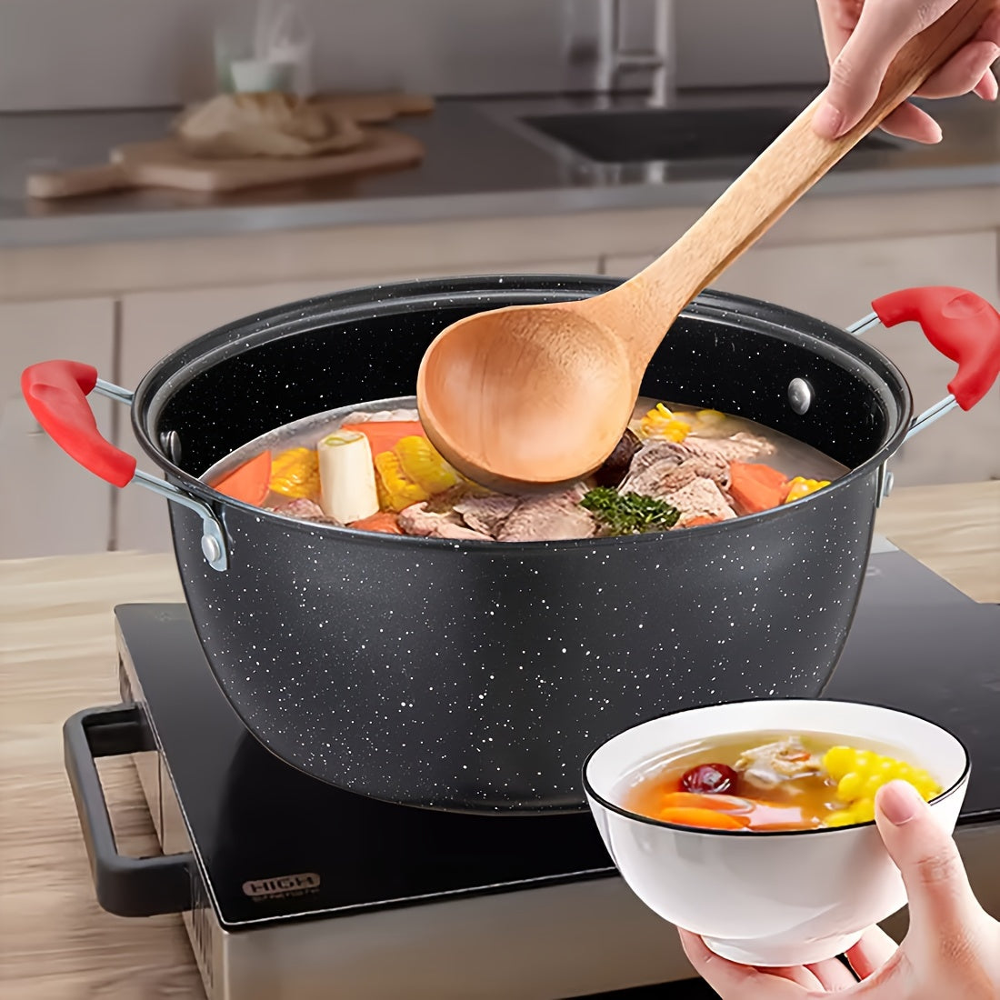 Multi-Functional Soup Pot Non-Stick Coating with Lid for Gas and Induction Stoves Red and Black