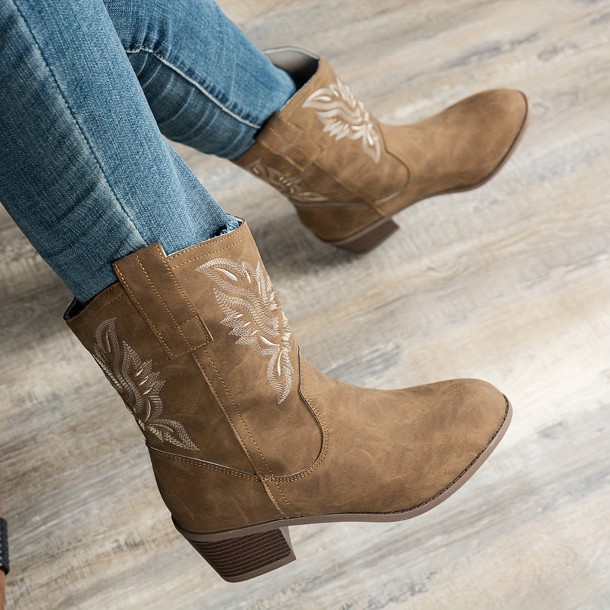 Women's Floral Ankle Boots Slip-On Mid-Heel Casual Faux Leather All-Season