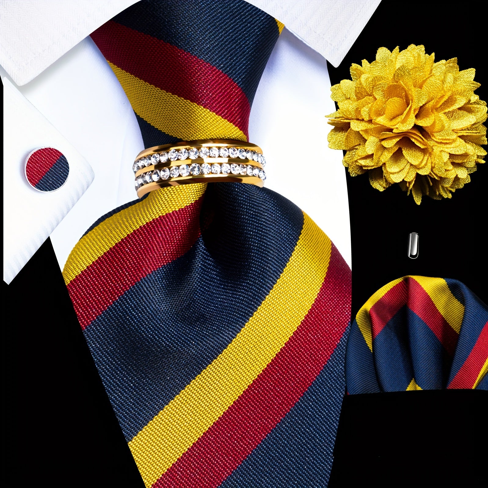 Men's Formal Tie Set with Pocket Square Cufflinks Tie Clip Lapel Pin and Ring for Weddings and Occasions