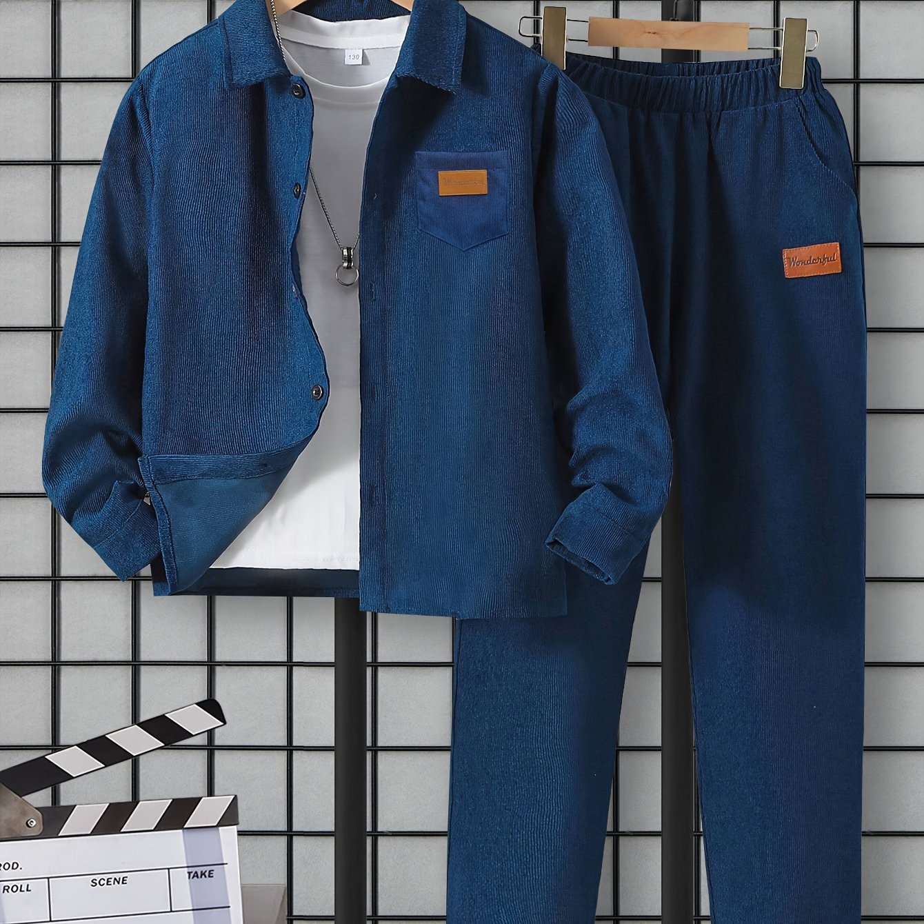 Boys' Denim Outfit Set with Long Sleeve Jacket and Elastic Waist Pants for Spring Fall